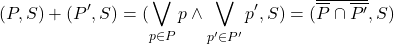 \[(P, S) + (P^\prime, S) = (\bigvee_{p \in P} p \land \bigvee_{p^\prime \in P^\prime} p^\prime, S) = (\overline{\overline{P} \cap \overline{P^\prime}}, S)\]