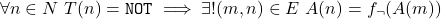 \[\forall n \in N\ T(n) = \texttt{NOT} \implies \exists! (m, n) \in E\ A(n) = f_\lnot(A(m))\]